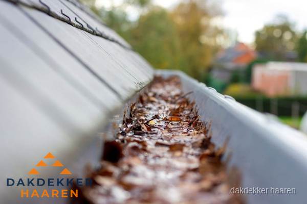 Verstopte dakgoot met bladeren schoonmaken in Haaren Verstopte dakgoot met bladeren schoonmaken in Haaren