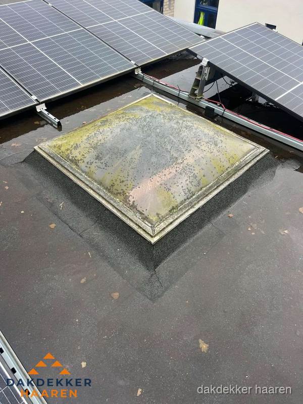 Vervuilde lichtkoepel op plat dak met zonnepanelen in Haaren