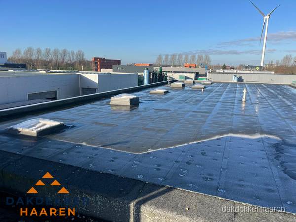 Plat dak bedrijfspand met bitumen dakbedekking en lichtkoepels in Haaren